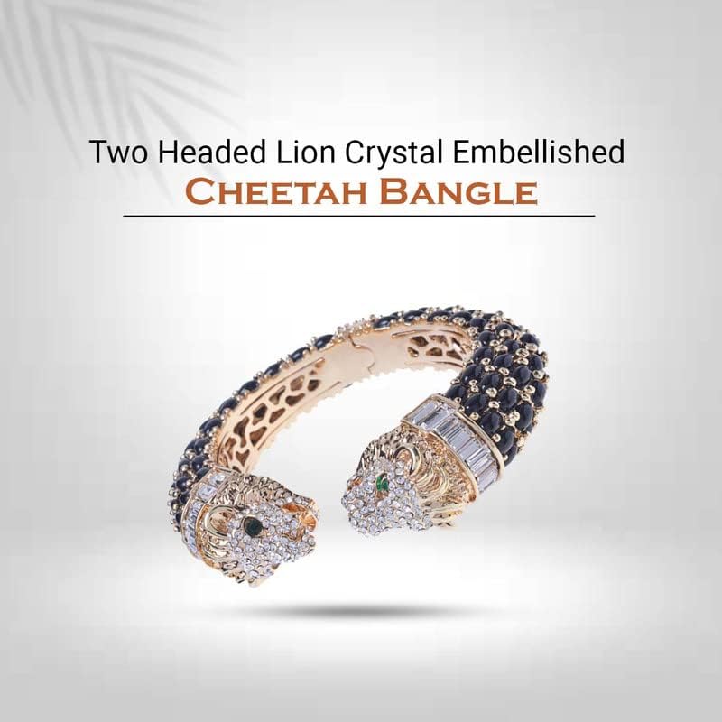 Trillion London Two-Headed Lion Crystal Embellished Cheetah Cuff Bracelets Bangles | Stylish Party & Wedding Accessories for Women | Gold Plated with Sparkling Crystals - Image 3