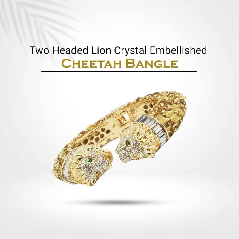 Trillion London Two-Headed Lion Crystal Embellished Cheetah Cuff Bracelets Bangles | Stylish Party & Wedding Accessories for Women | Gold Plated with Sparkling Crystals - Image 3