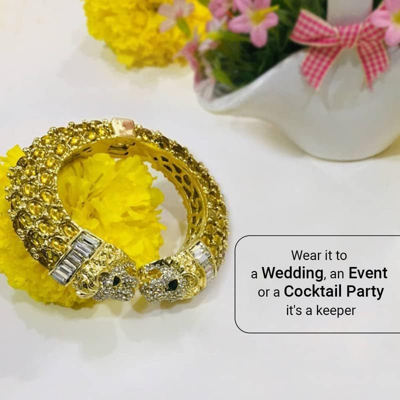 Trillion London Two-Headed Lion Crystal Embellished Cheetah Cuff Bracelets Bangles | Stylish Party & Wedding Accessories for Women | Gold Plated with Sparkling Crystals - Image 5
