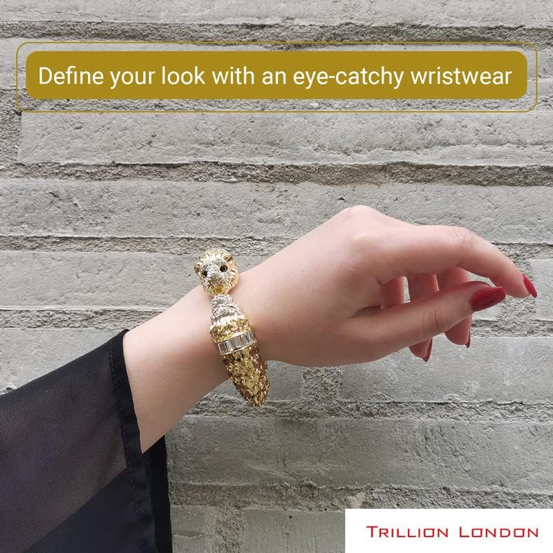 Trillion London Two-Headed Lion Crystal Embellished Cheetah Cuff Bracelets Bangles | Stylish Party & Wedding Accessories for Women | Gold Plated with Sparkling Crystals - Image 6